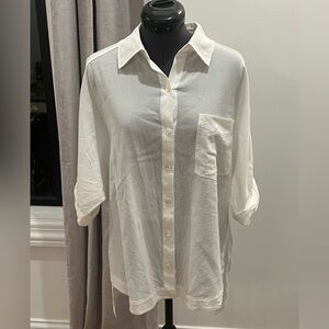 Trina Turk White Short Sleeve Button Down Summer Shirt Cotton Collar Blouse
